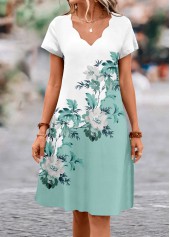 Floral Print Scalloped Hem Sage Green A Line Dress