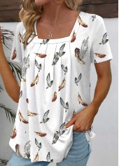 Feathers Print Ruched White Short Sleeve T Shirt