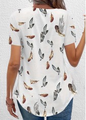 Feathers Print Ruched White Short Sleeve T Shirt