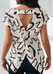 Geometric Print Twist Beige Short Sleeve Round Neck Blouse