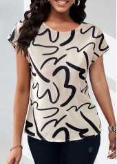 Geometric Print Twist Beige Short Sleeve Round Neck Blouse