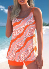 Striped Contrast Binding Orange Tankini Set
