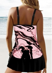 Wave Pattern Print Circular Ring Pink Tankini Set