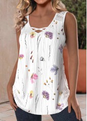 Floral Print Lace White V Neck Tank Top