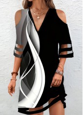 Geometric Print Mesh Black A Line 3/4 Sleeve Dress