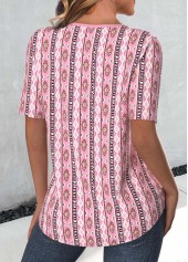 Tribal Print Cut Out Pink Short Sleeve T Shirt
