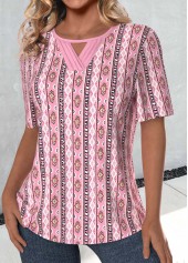 Tribal Print Cut Out Pink Short Sleeve T Shirt