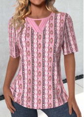 Tribal Print Cut Out Pink Short Sleeve T Shirt