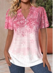 Floral Print Button Pink Short Sleeve Split Neck Blouse