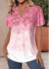 Floral Print Button Pink Short Sleeve Split Neck Blouse