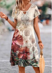 Floral Print Cut Out Multi Color A Line Dress