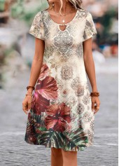 Floral Print Cut Out Multi Color A Line Dress