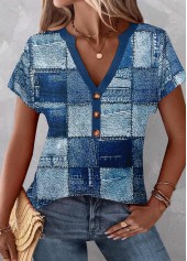 Geometric Print Button Blue Short Sleeve Split Neck Blouse