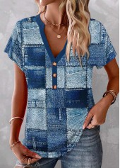 Geometric Print Button Blue Short Sleeve Split Neck Blouse