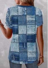 Geometric Print Button Blue Short Sleeve Split Neck Blouse