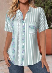 Striped Pocket Green Short Sleeve Shirt Collar Blouse