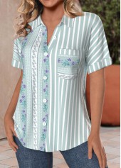 Striped Pocket Green Short Sleeve Shirt Collar Blouse