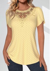 Lace Light Yellow Short Sleeve Round Neck T Shirt
