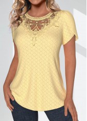 Lace Light Yellow Short Sleeve Round Neck T Shirt