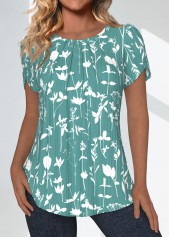 Floral Print Tuck Stitch Green Short Sleeve Blouse