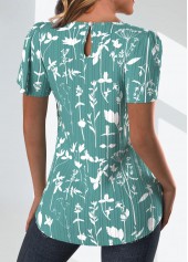 Floral Print Tuck Stitch Green Short Sleeve Blouse