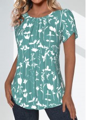 Floral Print Tuck Stitch Green Short Sleeve Blouse