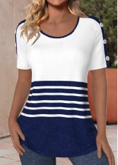 Striped Button Navy Short Sleeve Round Neck T Shirt
