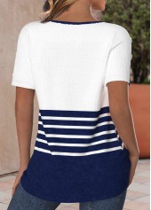 Striped Button Navy Short Sleeve Round Neck T Shirt