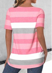 Striped Button Light Pink Short Sleeve T Shirt