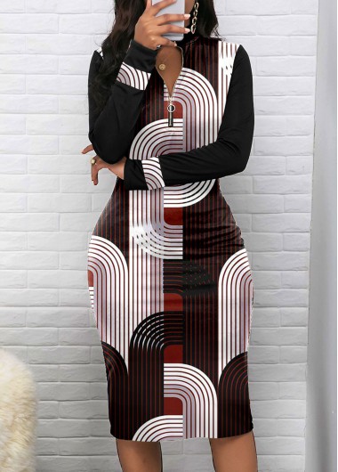 Geometric Print Zipper Black Long Sleeve Bodycon Dress 33$