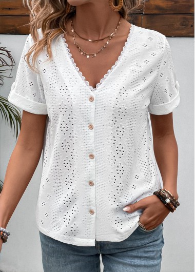 Button White Short Sleeve V Neck Blouse