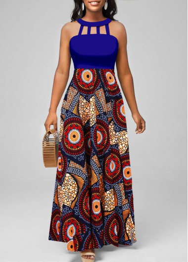 African Tribal Print Cage Neck Navy Sleeveless Maxi Dress 37$