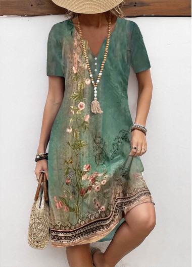 Floral Print Tummy Coverage Green Short Sleeve Dress