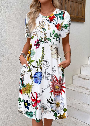 Floral Print Pleated White Short Sleeve Round Neck Dress