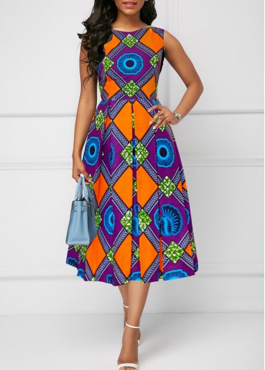 Tribal Print Patchwork Multi Color Sleeveless Round Neck Dress 36$