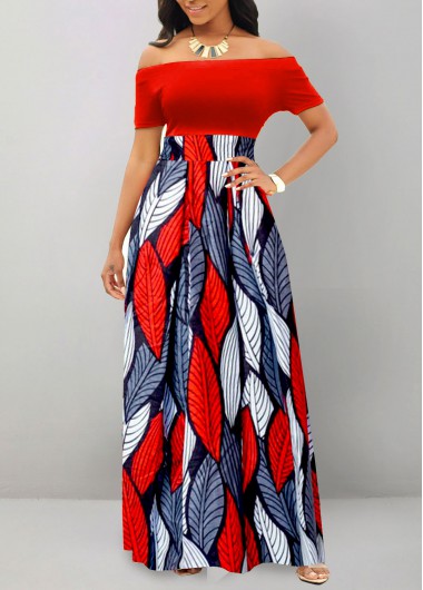 Tribal Print Patchwork Red Short Sleeve Maxi Dress 36$