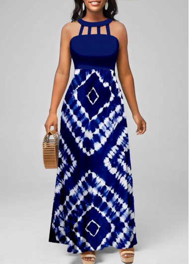 Tie Dye Print Cage Neck Navy Sleeveless Maxi Dress 37$