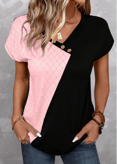 Plus Size Light Pink Patchwork Short Sleeve T Shirt 28$