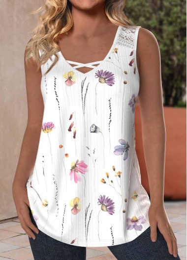 Plus Size White Lace Floral Print Sleeveless Tank Top 29$