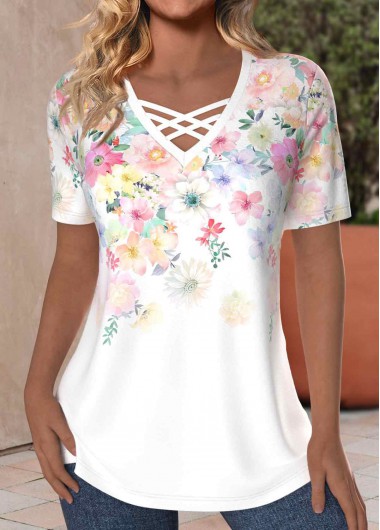 Plus Size White Criss Cross Floral Print T Shirt 32$