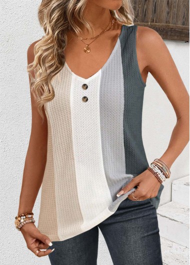 Striped Button Multi Color Sleeveless V Neck Tank Top 26$
