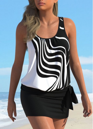 Geometric Print Bowknot Black Tankini Set