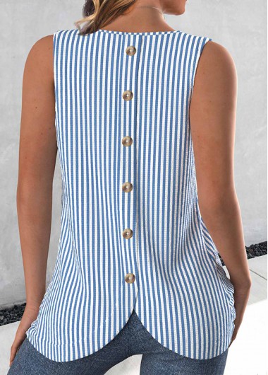 Striped Button Blue Sleeveless Round Neck Tank Top 28$