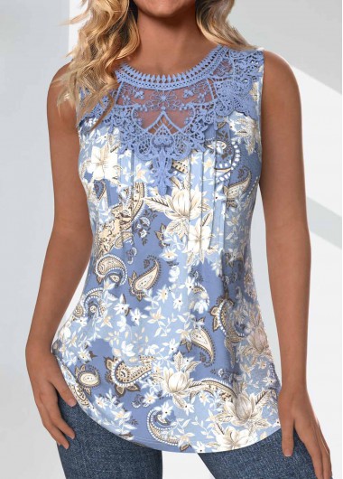 Paisley Print Tuck Stitch Dusty Blue Sleeveless Tank Top 29$