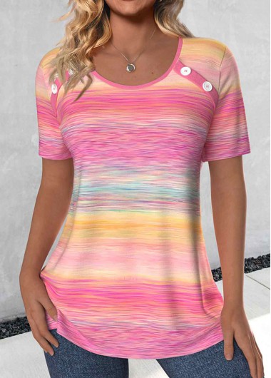Plus Size Pink Button Ombre Short Sleeve T Shirt 31$