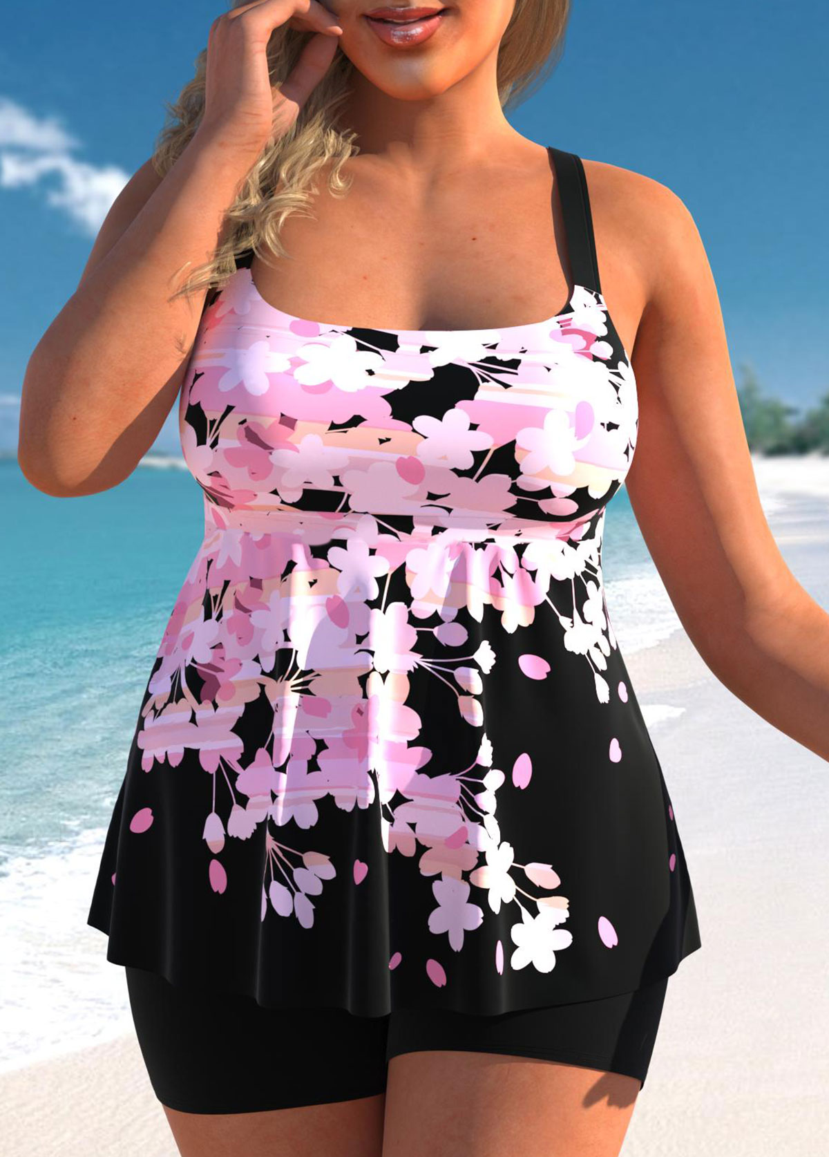 Pink Floral Print Wide Strap Tankini Top-No Bottom