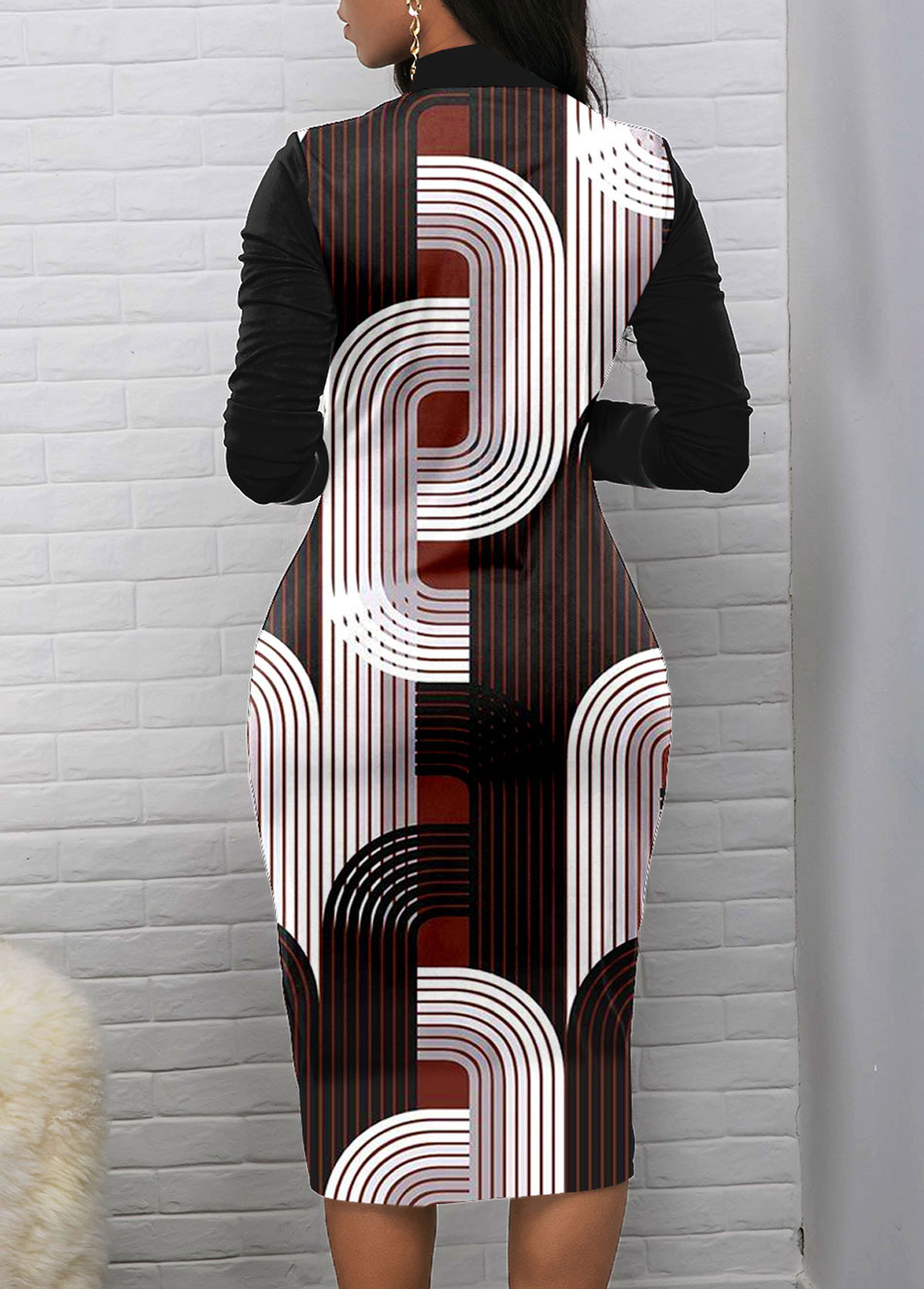 Geometric Print Zipper Black Long Sleeve Bodycon Dress