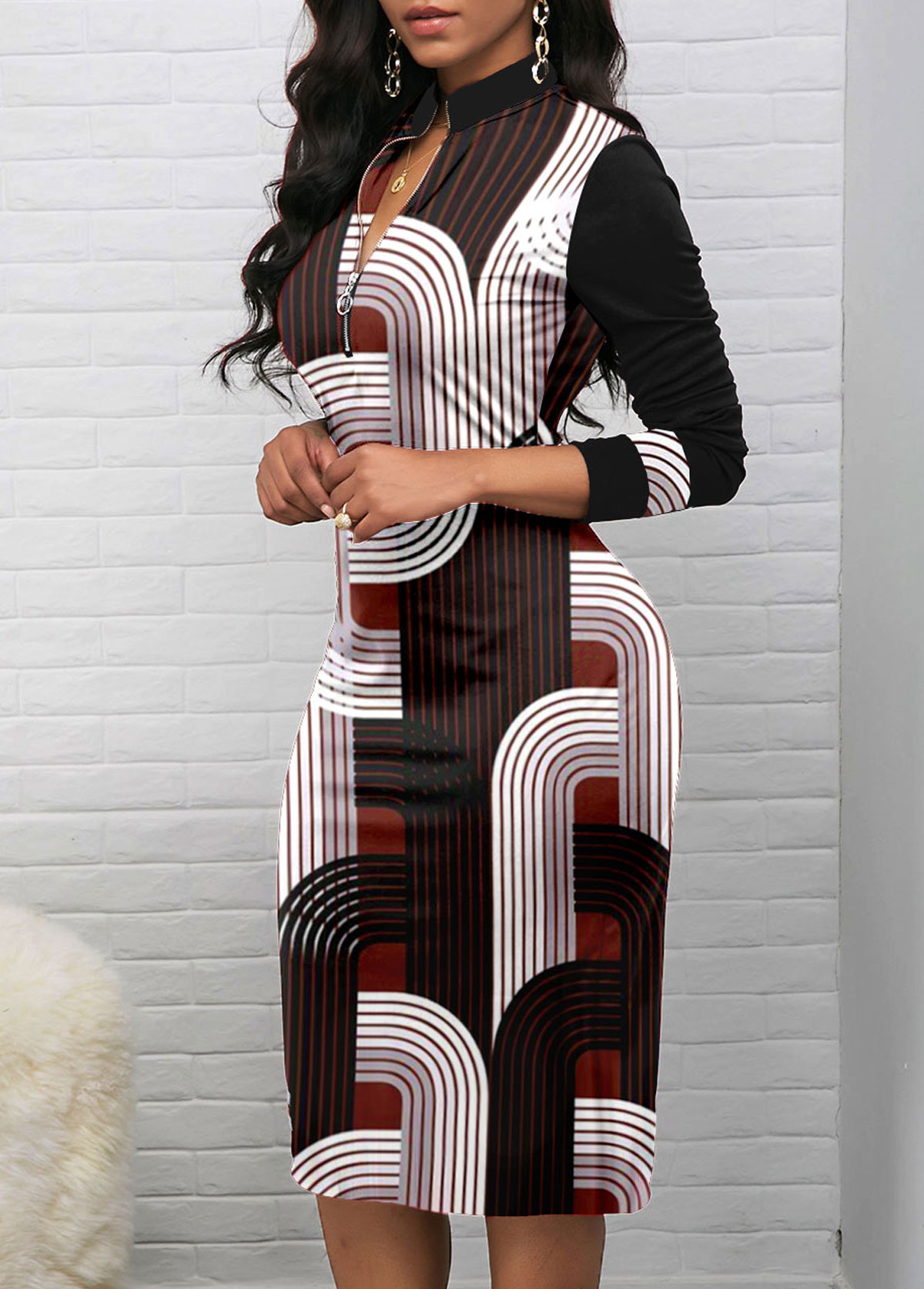 Geometric Print Zipper Black Long Sleeve Bodycon Dress