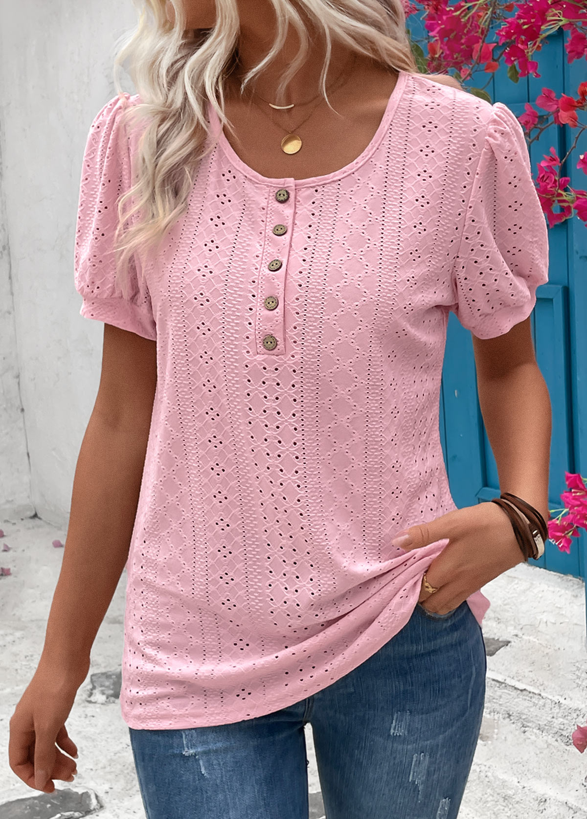 Button Pink Short Sleeve Round Neck T Shirt