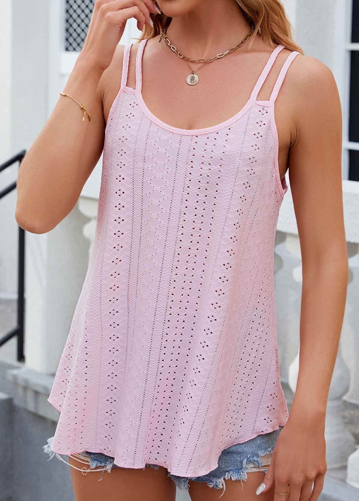 Double Straps Hole Pink Scoop Neck Camisole Top